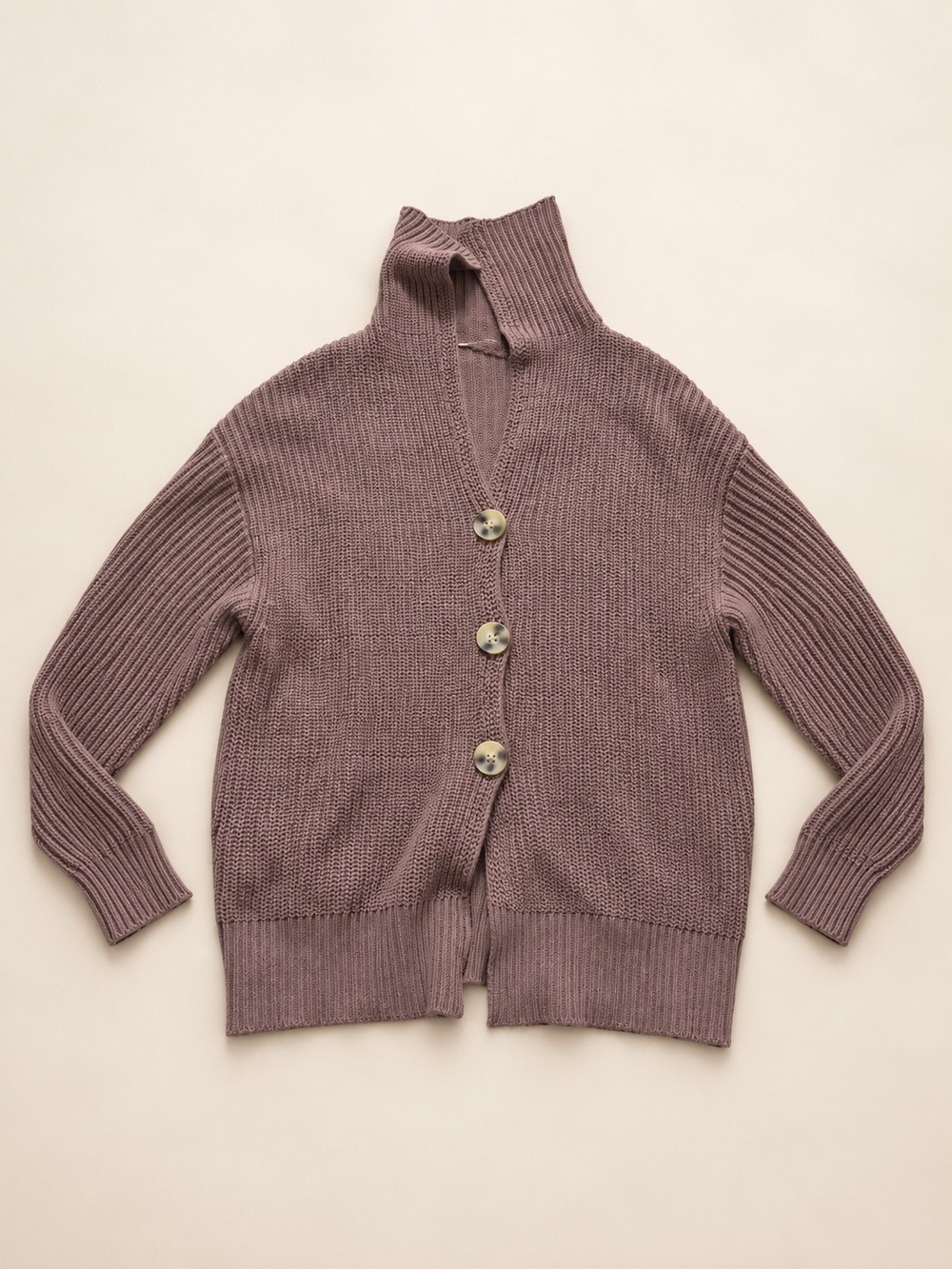 Taupe Rib-Knit Button Cardigan Sweater